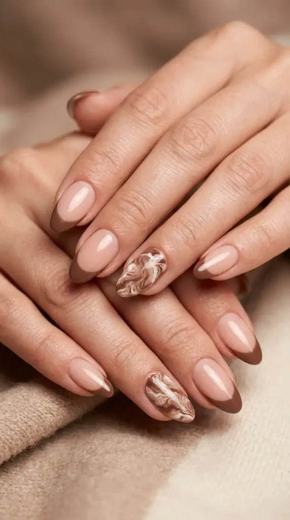 Mocha French Tips with Marble Accent Nail