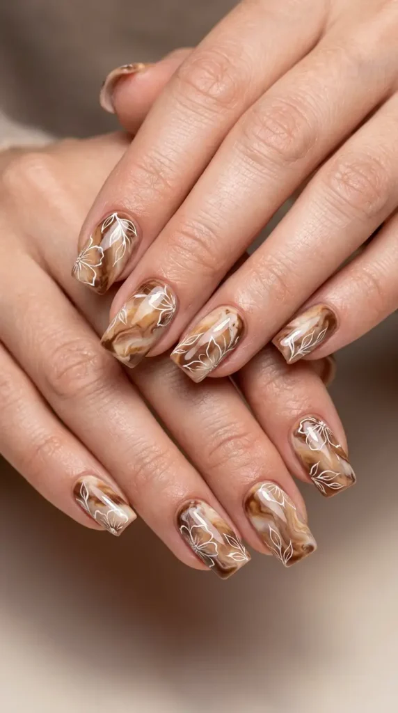 Mocha Latte Marble with Floral Art