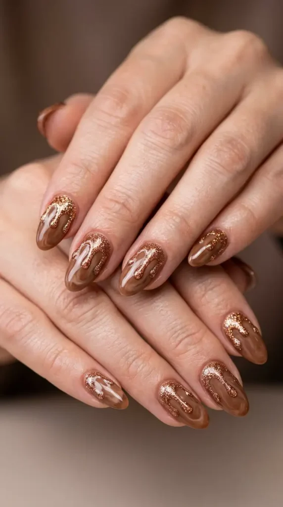 Mocha Latte Nails with Glitter Drips