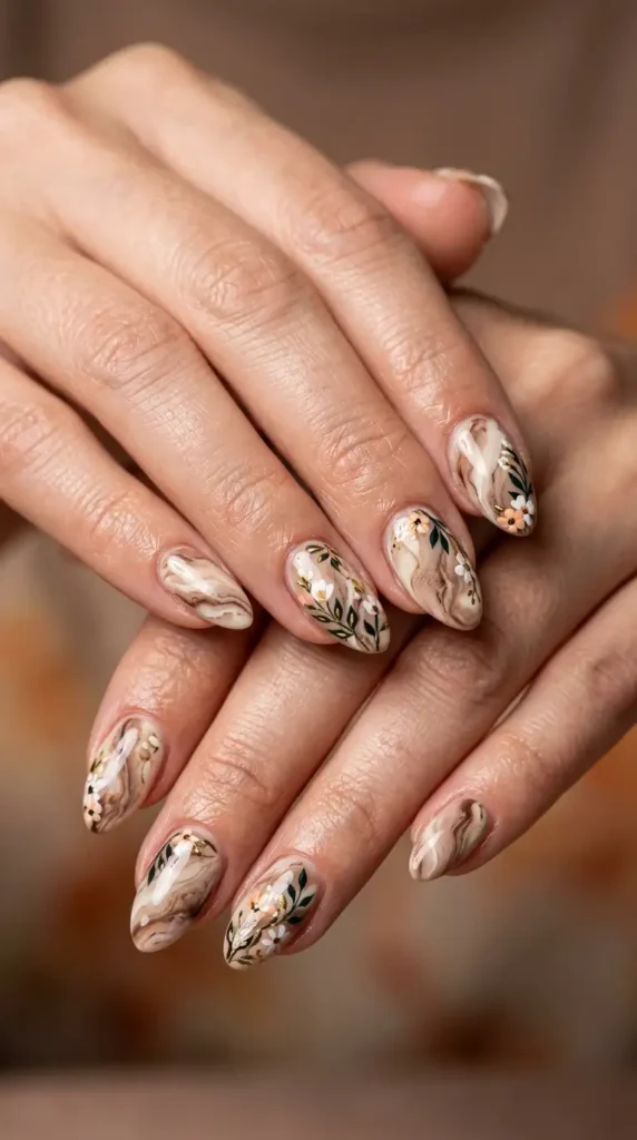 Mocha Marble Nails with Floral Accents