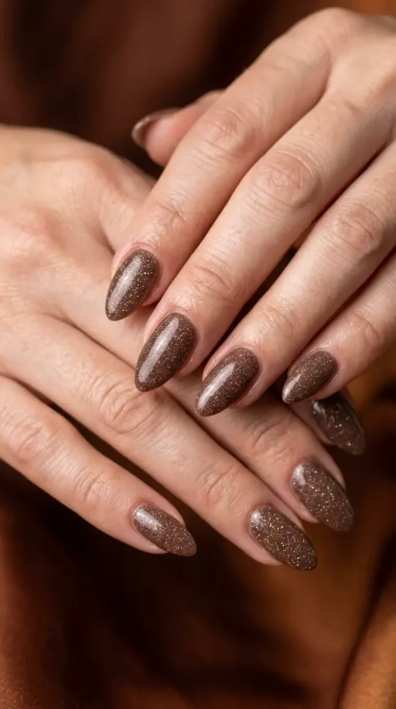 Mocha Micro Glitter Almond Nails