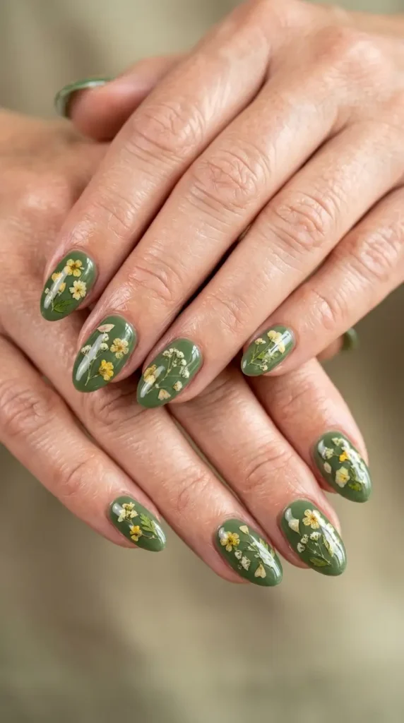 Moss Green Floral Nails