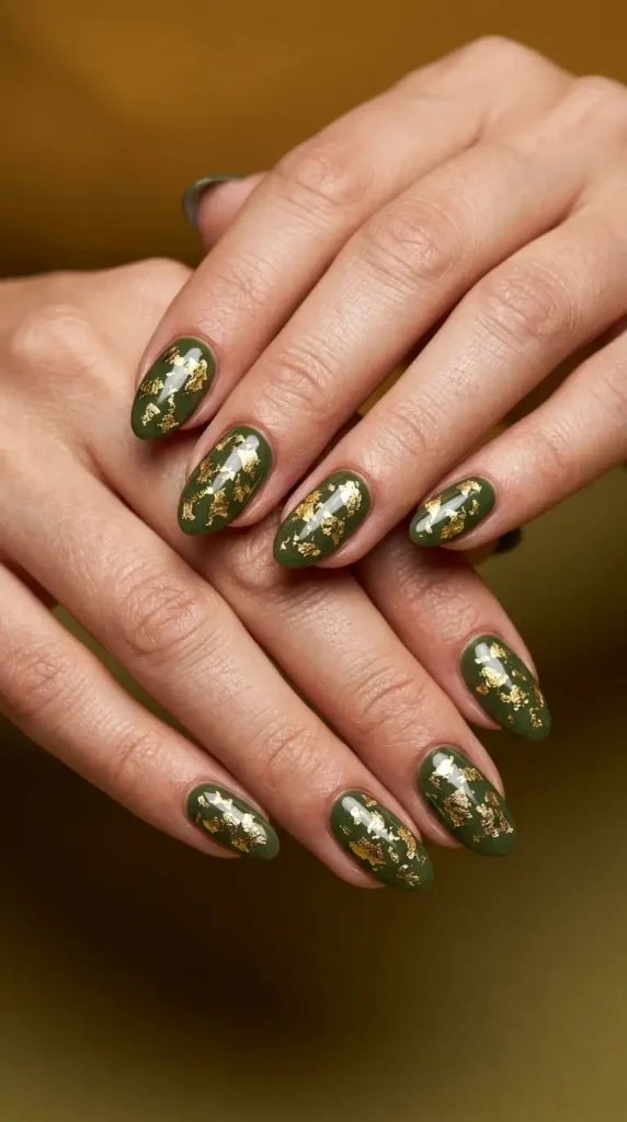 Moss Green Nails with Gold Flakes