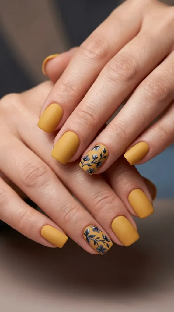 Muted Mustard Floral Nail Design