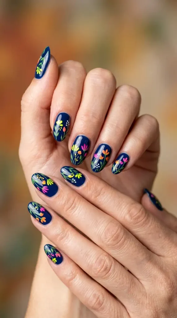 Navy Blue Nails with Delicate Wildflowers