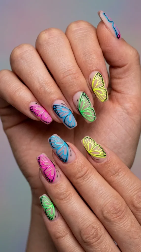 Neon Butterfly Outline Nails
