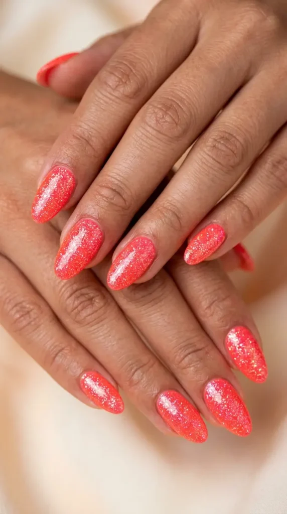 Neon Coral Glitter Nails