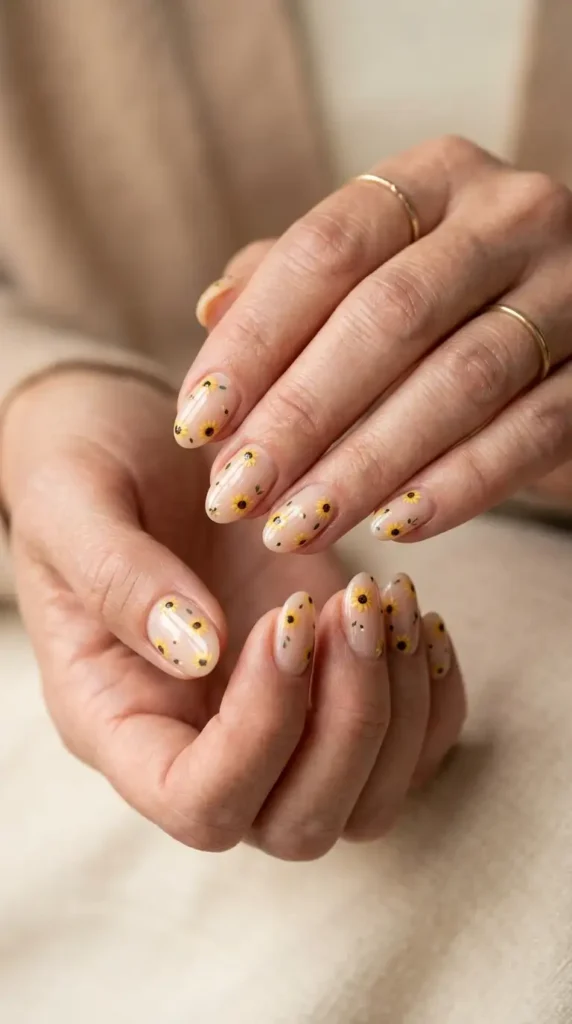 Neutral Acrylic Nails with Tiny Floral Confetti