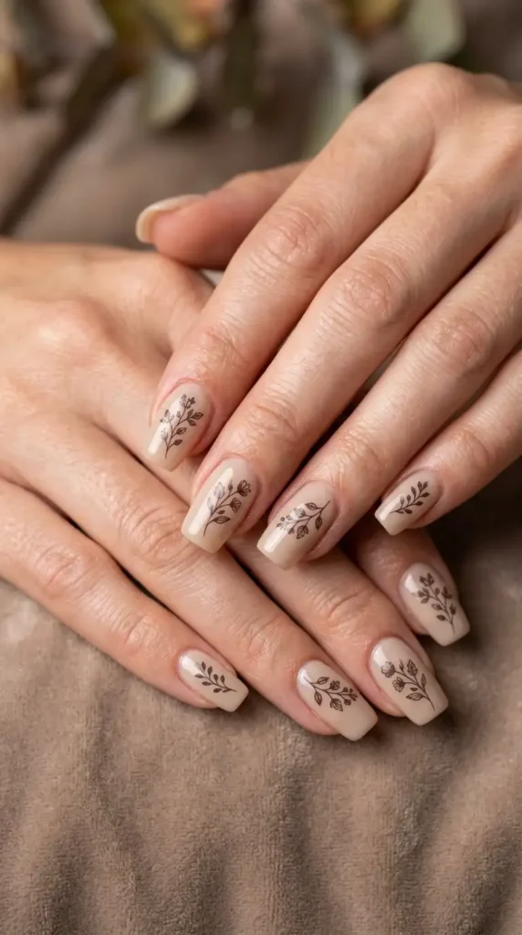 Neutral Beige Nails with Minimal Floral Stamps