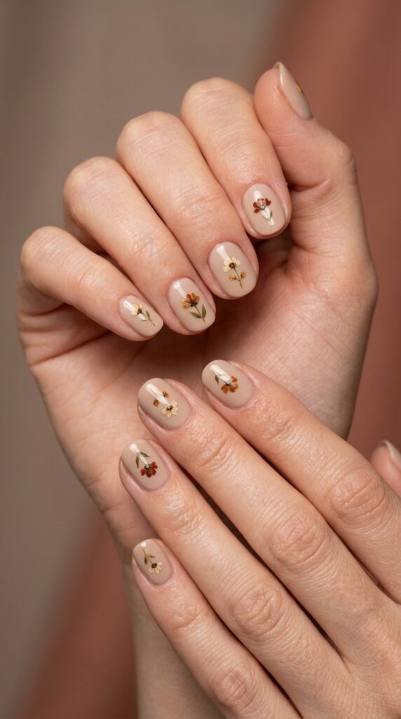 Neutral Beige Nails with Minimal Wildflowers