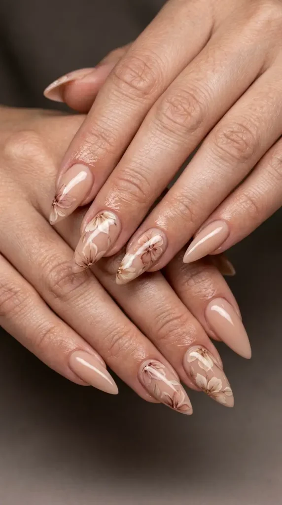 Neutral Bloom Floral Stiletto Nails