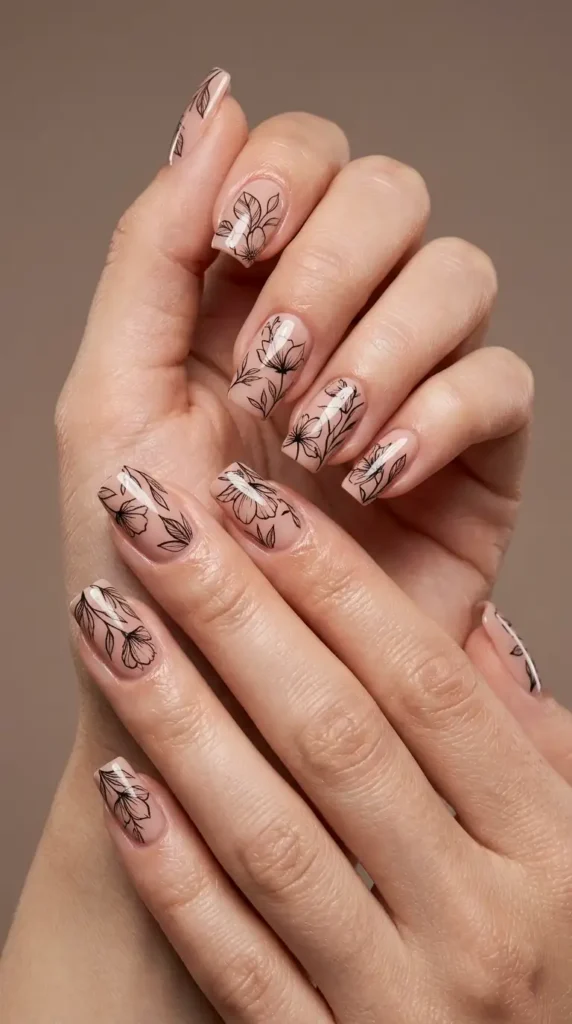 Neutral Bloom Outline Nail Art