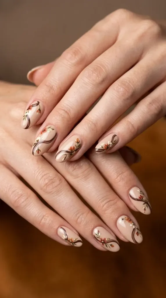 Neutral Floral Ribbon Nail Art