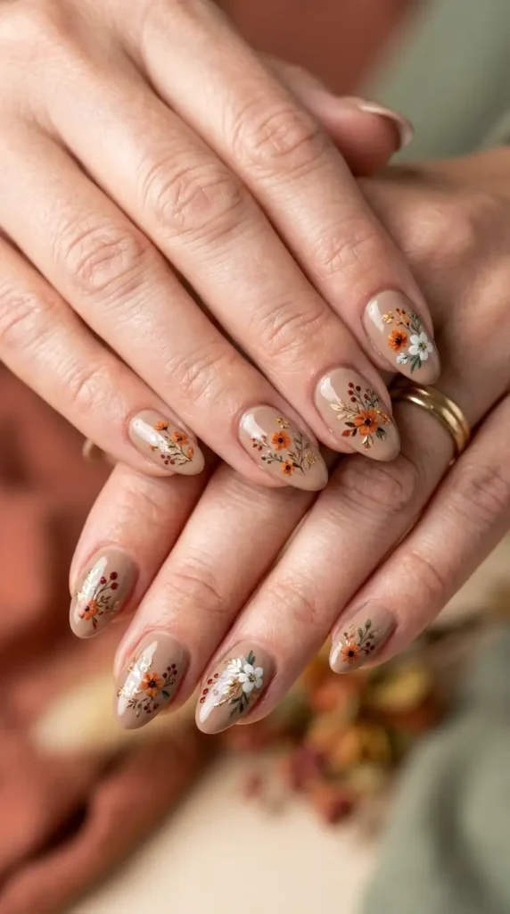 Neutral Latte Nails with Floral Stickers