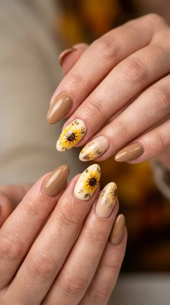 Neutral Latte Sunflower Manicure