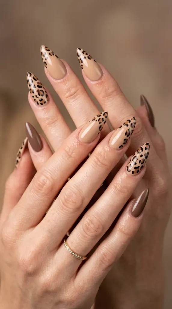 Neutral Leopard Accent Stiletto Nails