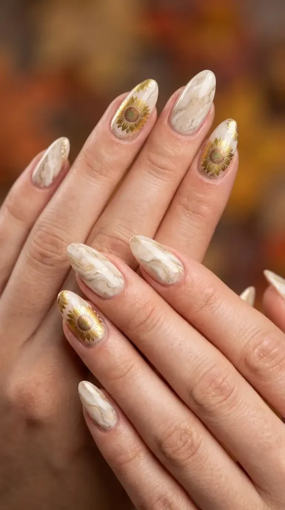 Neutral Marble Acrylic Nails with Gold Sunflower Decals