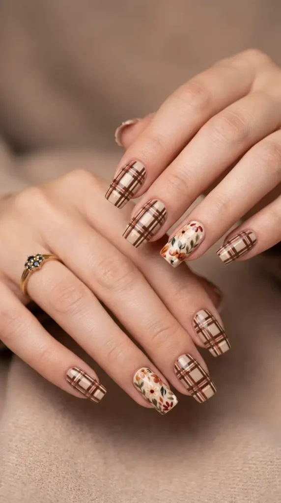Neutral Plaid and Floral Mixed Nail Set