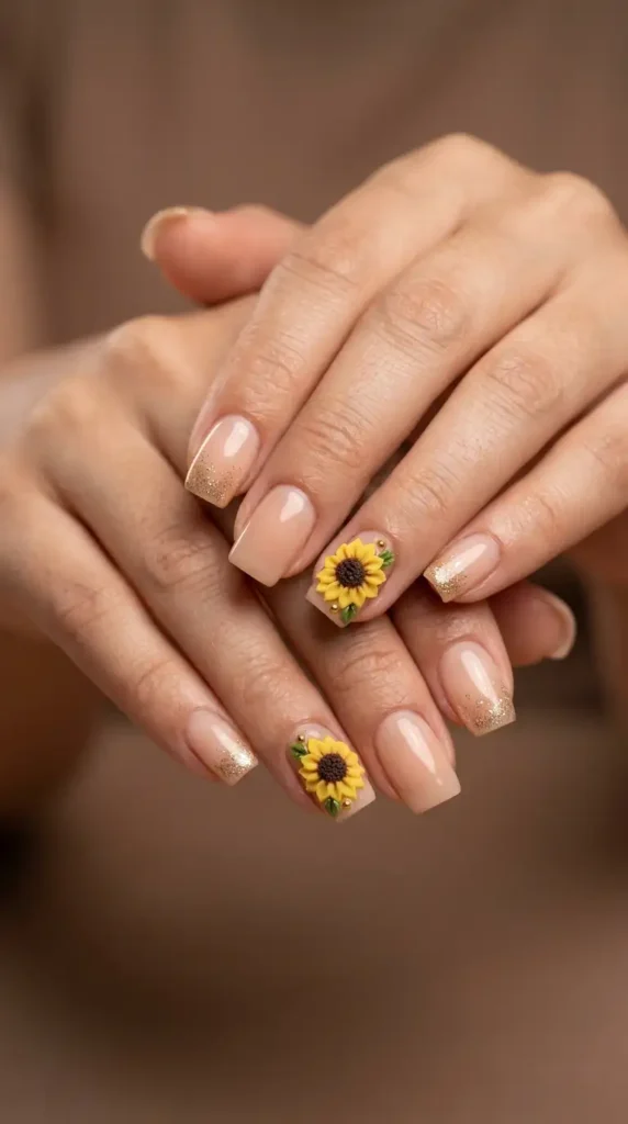 Nude Acrylic Nails with 3D Sunflower Charms