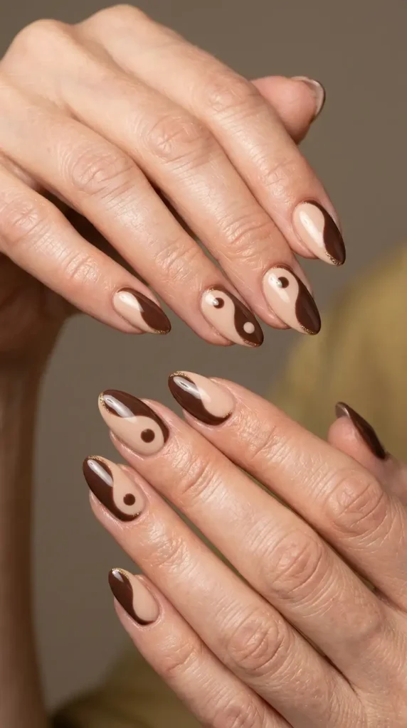Nude and Brown Yin Yang Nails