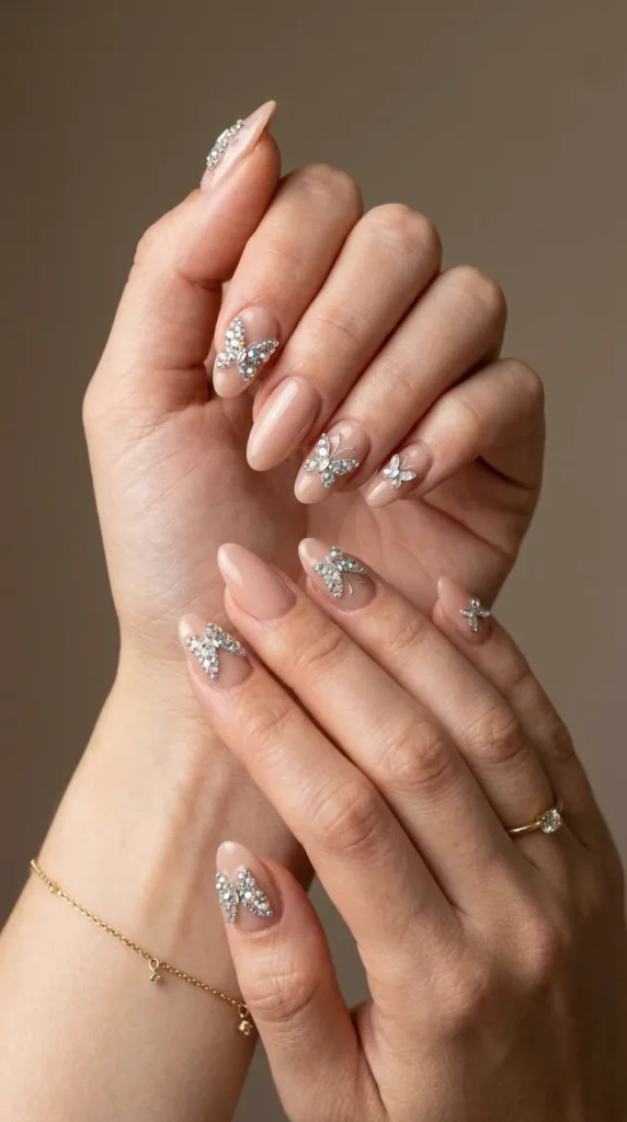 Nude Butterfly Crystal Nails