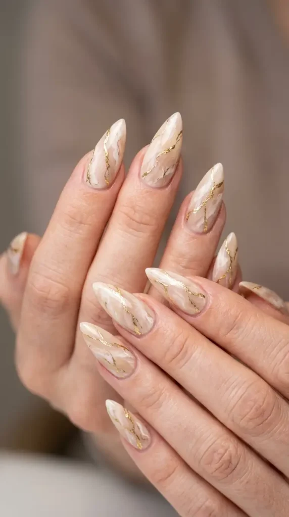 Nude Marble with Gold Veins Stiletto Nails