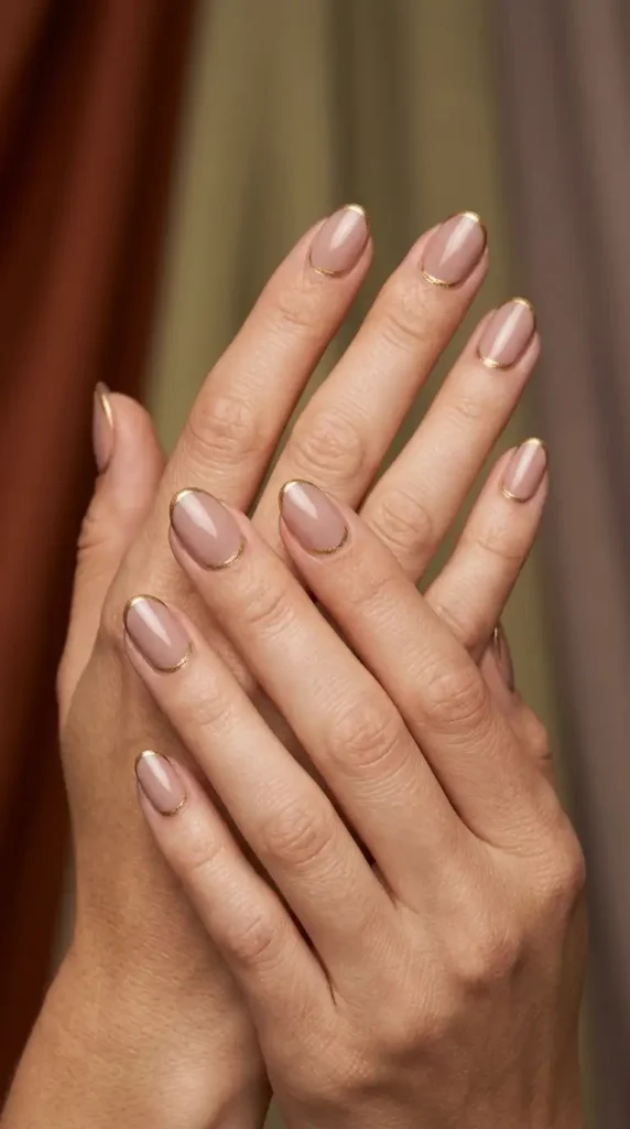 Nude Nails with Gold Cuticle Line