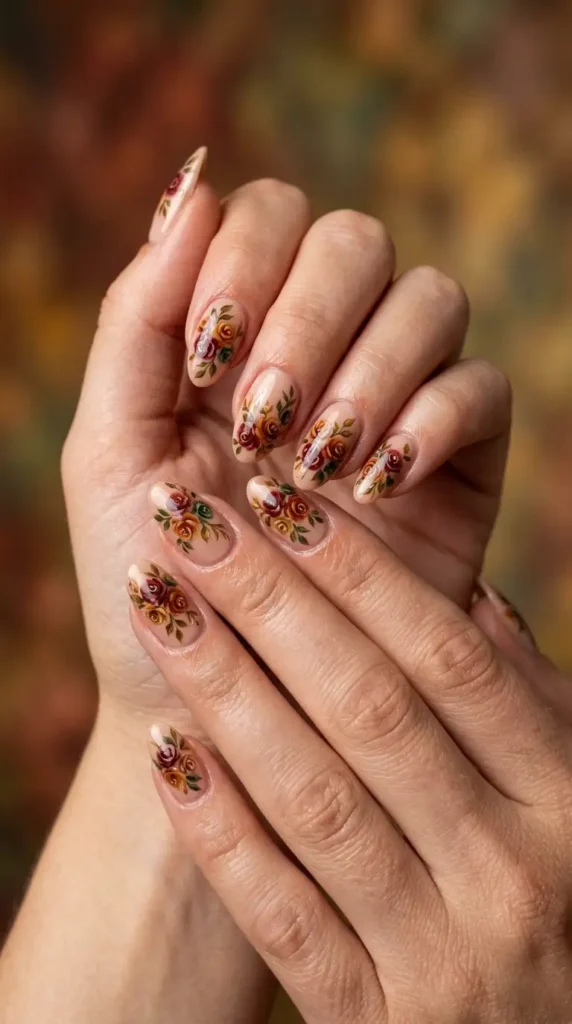 Nude Nails with Hand-Painted Autumn Roses