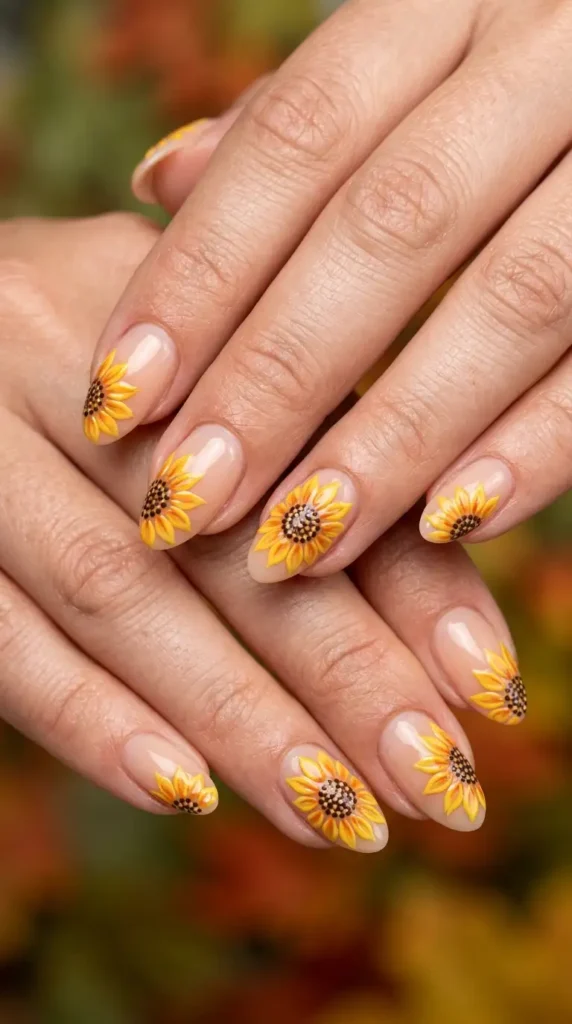 Nude Nails with Hand-Painted Sunflowers