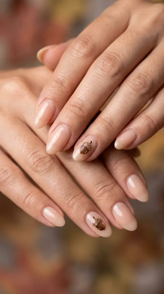 Nude Nails with Tiny Acorns