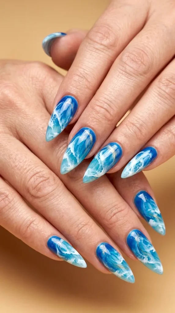 Ocean Wave Blue Stiletto Nails