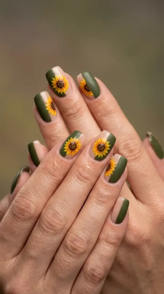 Olive and Nude Split Acrylic Nails