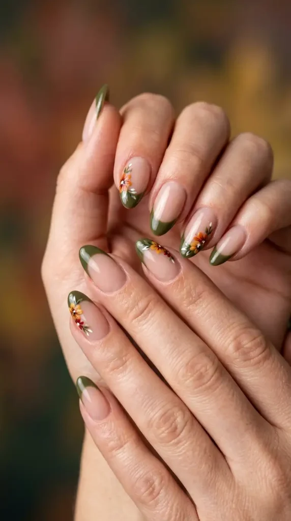 Olive French Tips with Tiny Bloom Details