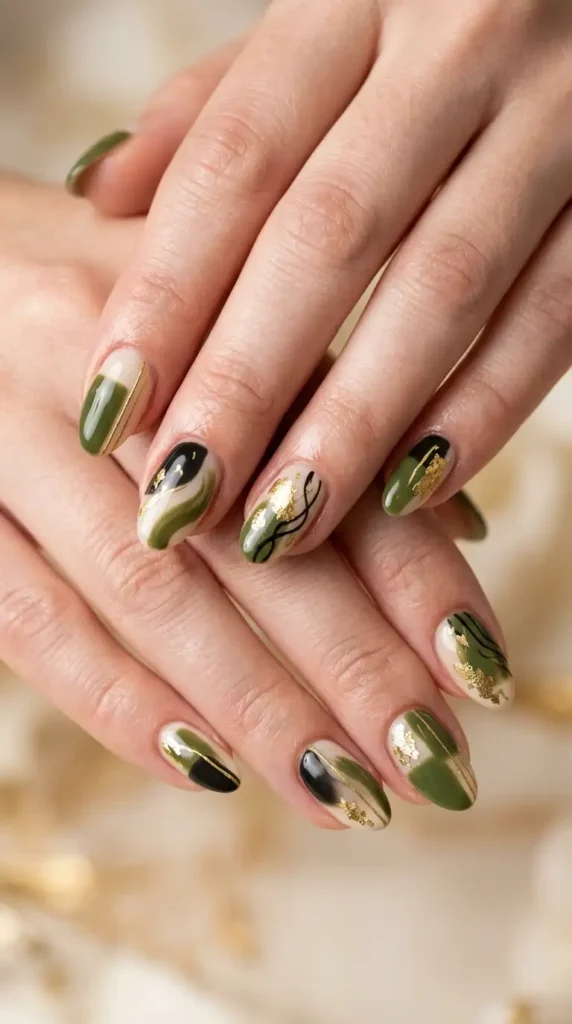 Olive & Gold Abstract Nails