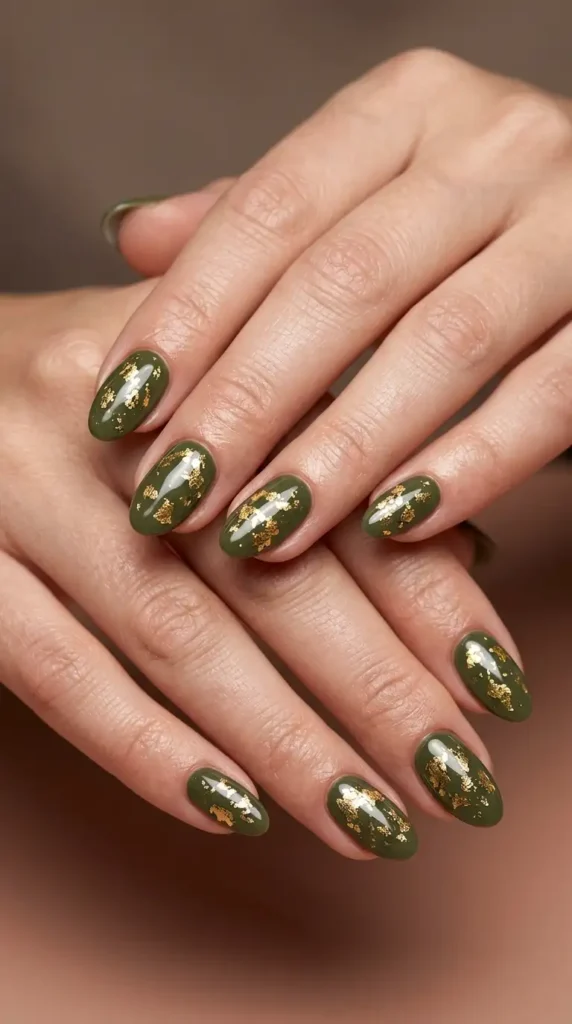 Olive & Gold Foil Nails