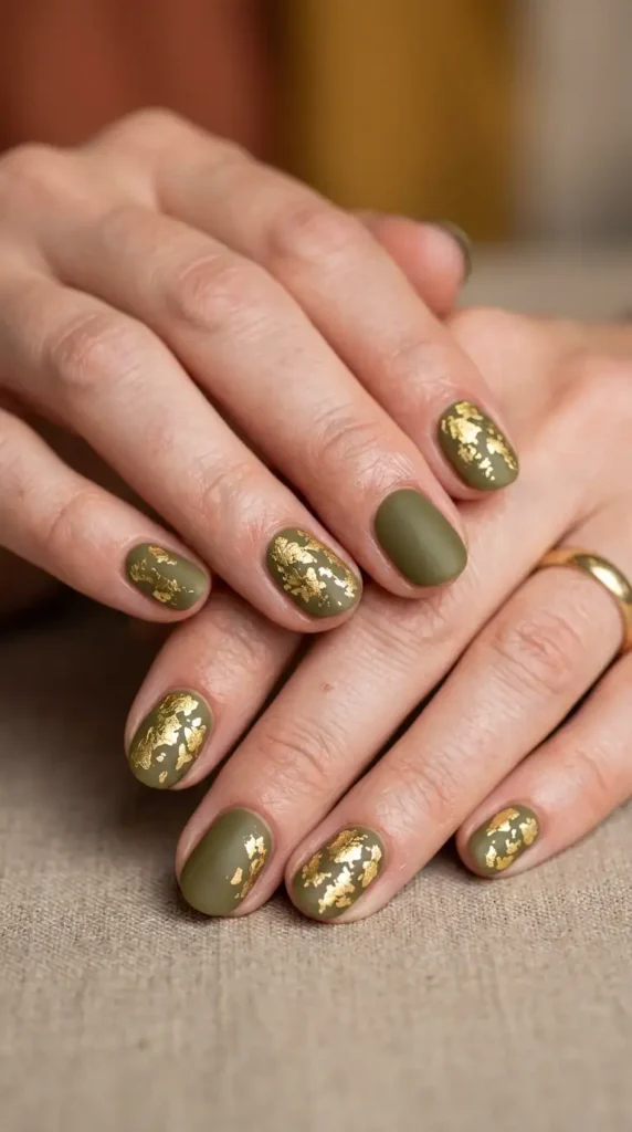 Olive & Gold Leaf Nails