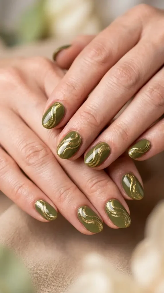 Olive & Gold Swirl Nails
