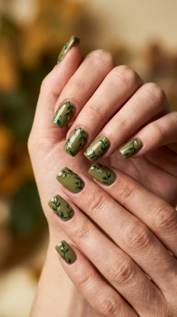 Olive Green Botanical Vine Nails