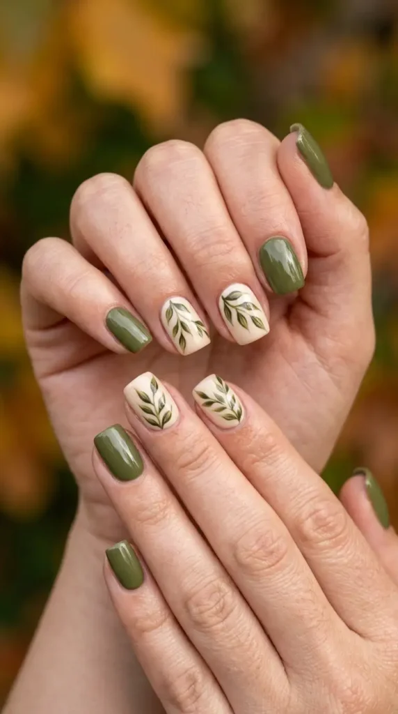 Olive Green & Cream Botanical Nails