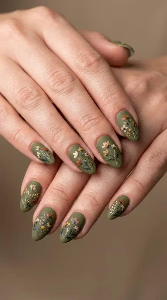 Olive Green Floral Nails