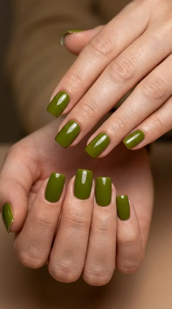 Olive Green Glossy Nails