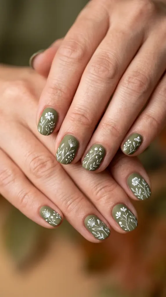 Olive Green Nails with Tiny Botanical Blooms