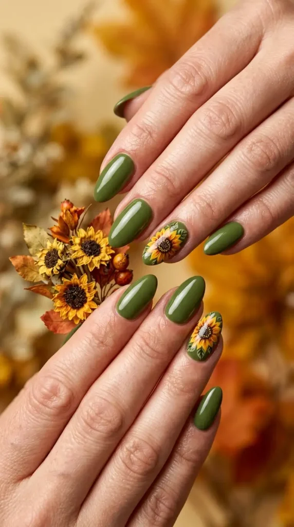 Olive Green Sunflower Nails