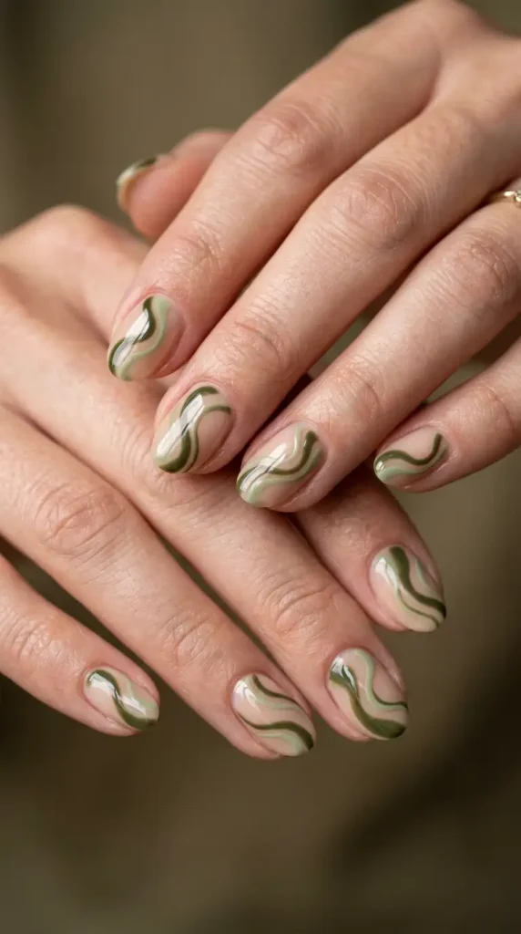 Olive Green Swirl Nails