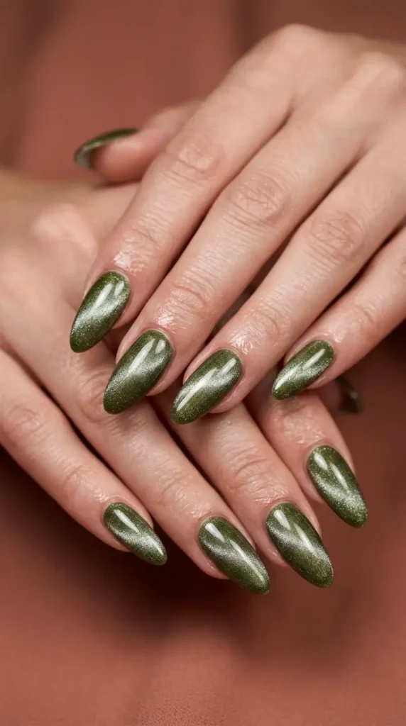 Olive Green Velvet Cat Eye Nails
