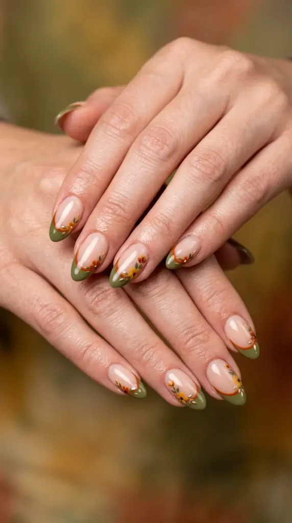 Olive & Rust Double French Floral Nails