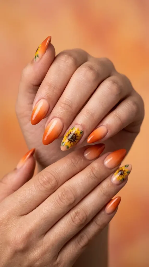 Orange Ombre Sunflower Nails