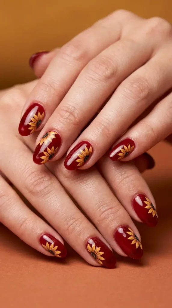 Oval Red Nails with Sunflower Petals
