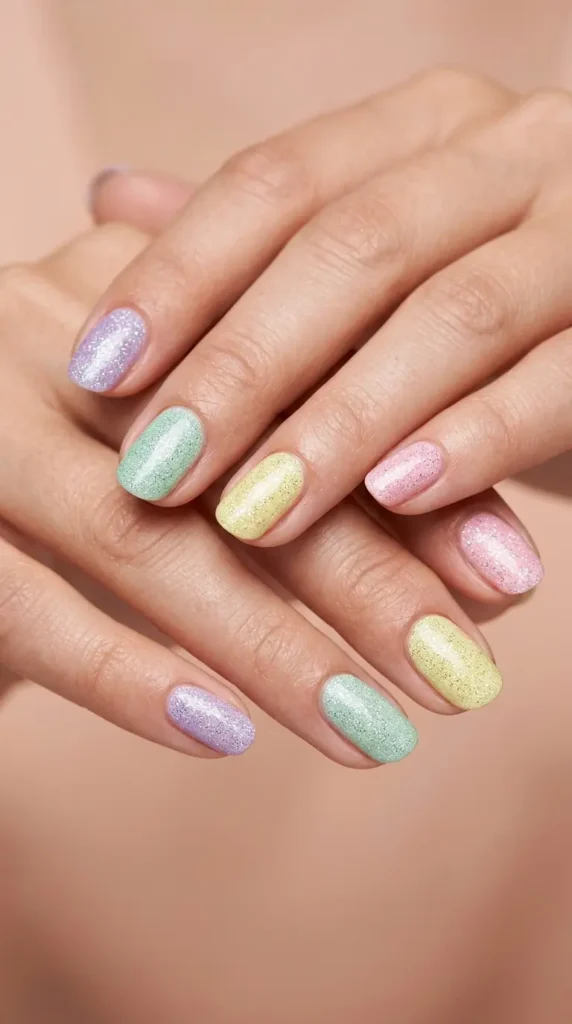 Pastel Rainbow Glitter Nails
