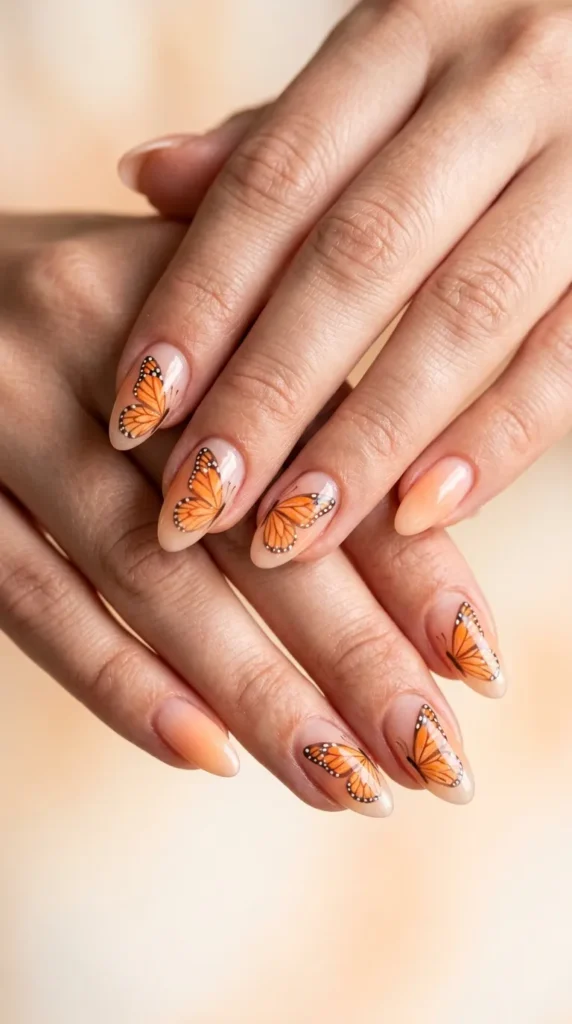 Peach Butterfly Ombre Nails